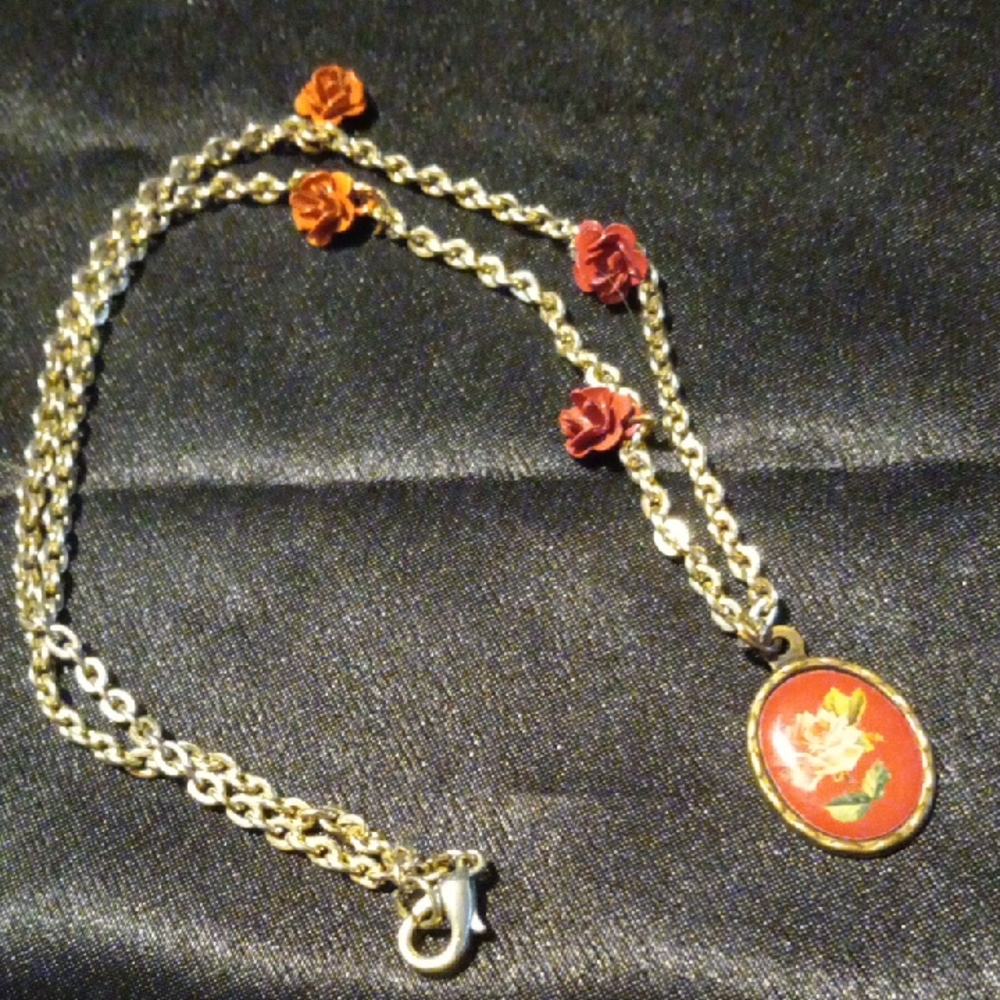 Gold and Red Rose Floral Pendant Necklace